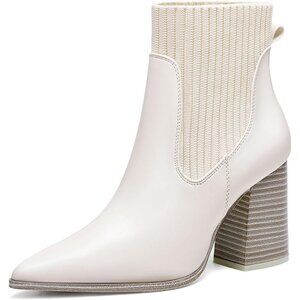 ⚡Women's White Ankle Boots Sock Booties Pointed Toe Chunky Stacked High Heel